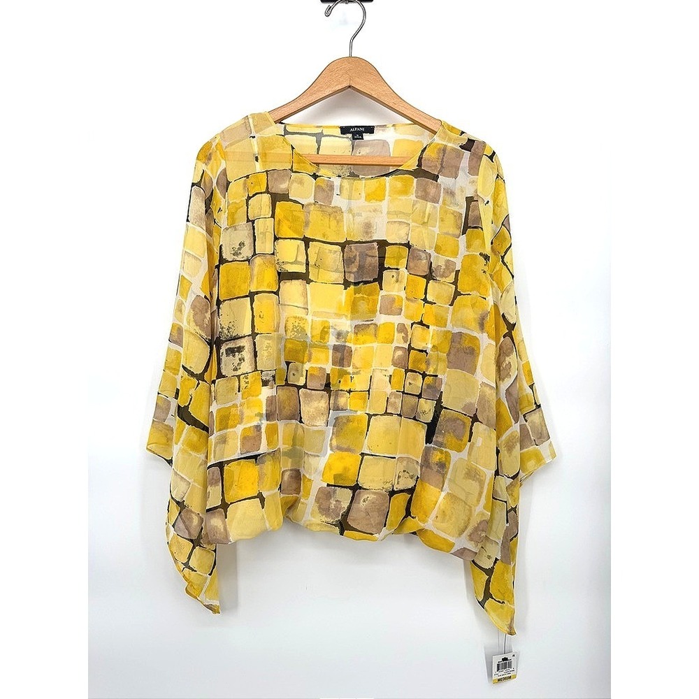 Alfani Blouse Geometric Sheer Poncho Style Dolman Waist Career Casual Medium